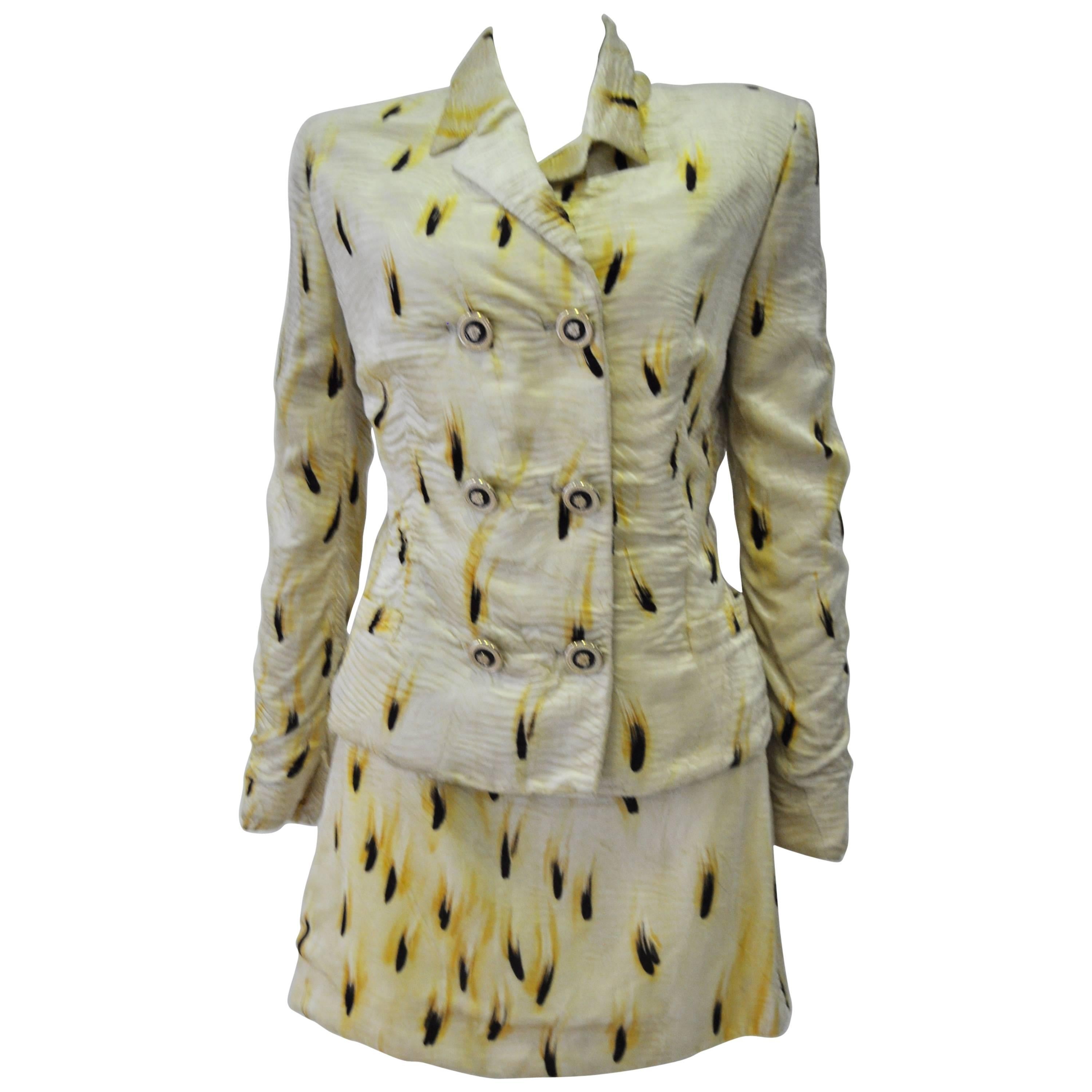 Highly Original Gianni Versace Couture Abstract Plume Print Skirt Suit For Sale
