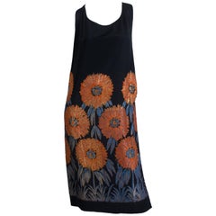 1920S Gold Lamé Silk Jacquard Cocktail Dress With Large Orange & Blue Flowers