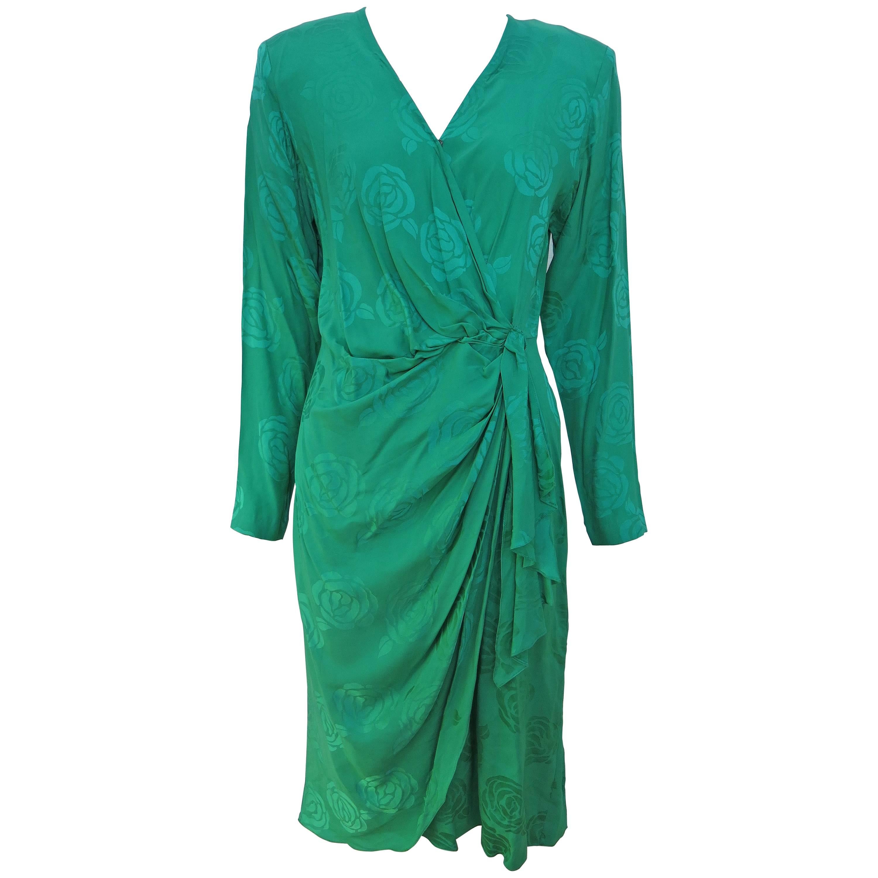 1980's Oleg Cassini Green Silk Rose Sheath Dress 