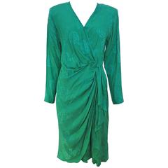 Vintage 1980's Oleg Cassini Green Silk Rose Sheath Dress 