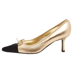 Chanel Gold/Black Satin and Leather Cap Toe Bow Detail Pumps Size 41