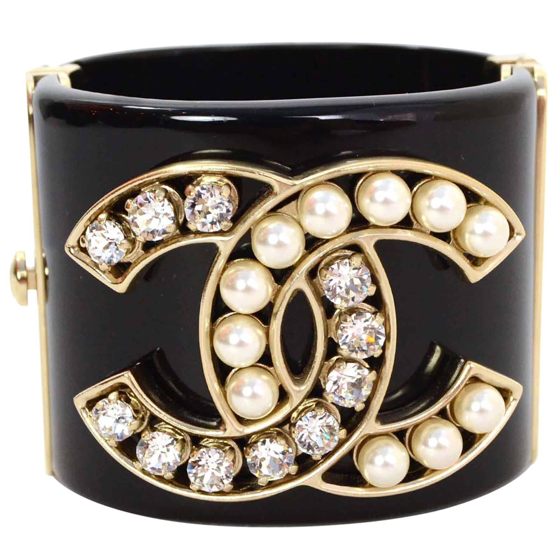 Chanel Crystal & Pearl CC Cuff Bracelet GHW