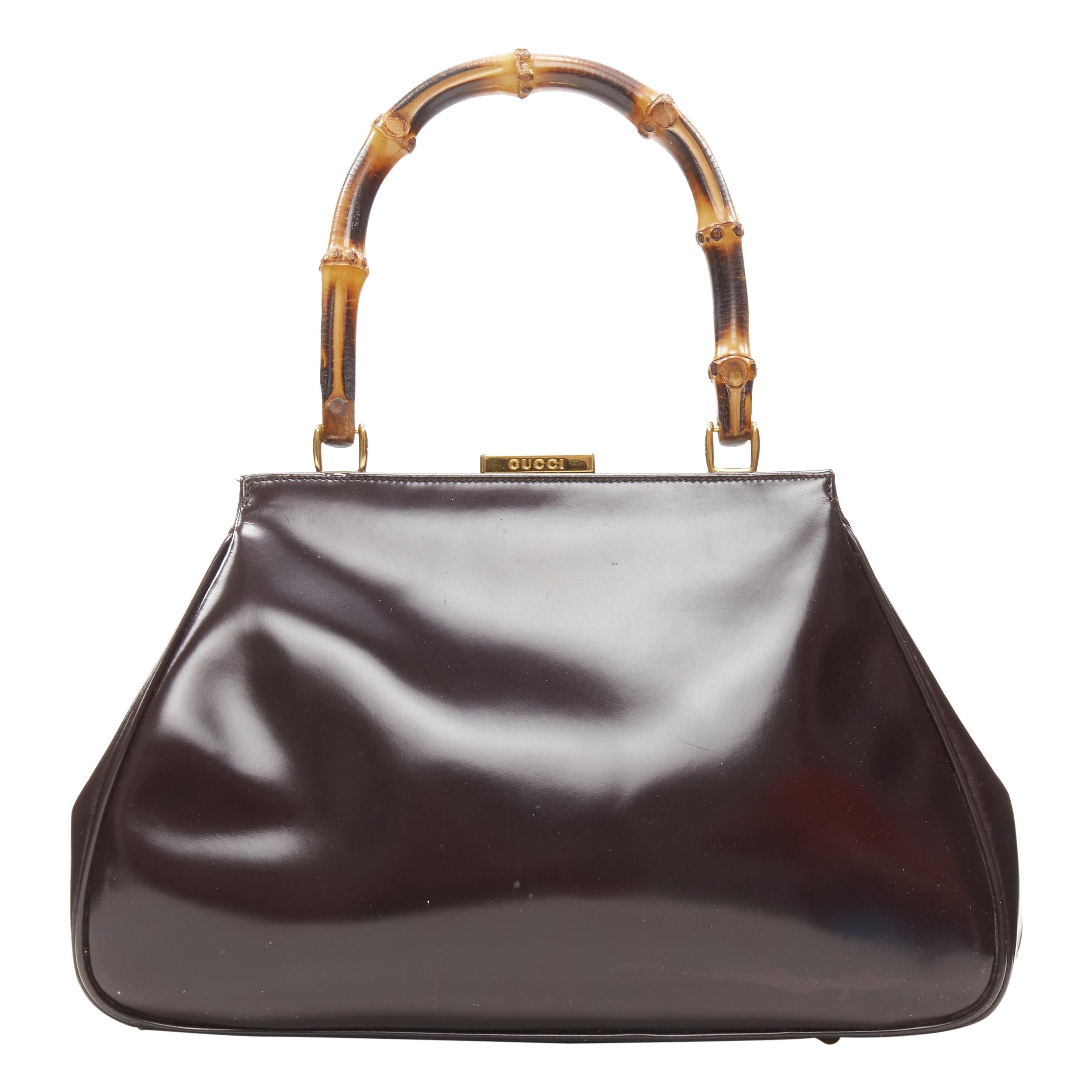 GUCCI Vintage dark brown shiny leather Bamboo handle satchel bag