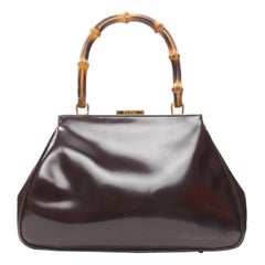 GUCCI Vintage dunkelbraun glänzendes Leder Bambusgriff Umhängetasche