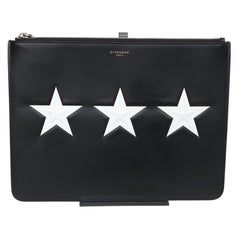 GIVENCHY Black Leather White STAR MOTIF Pouch Clutch Wallet Zipper Top