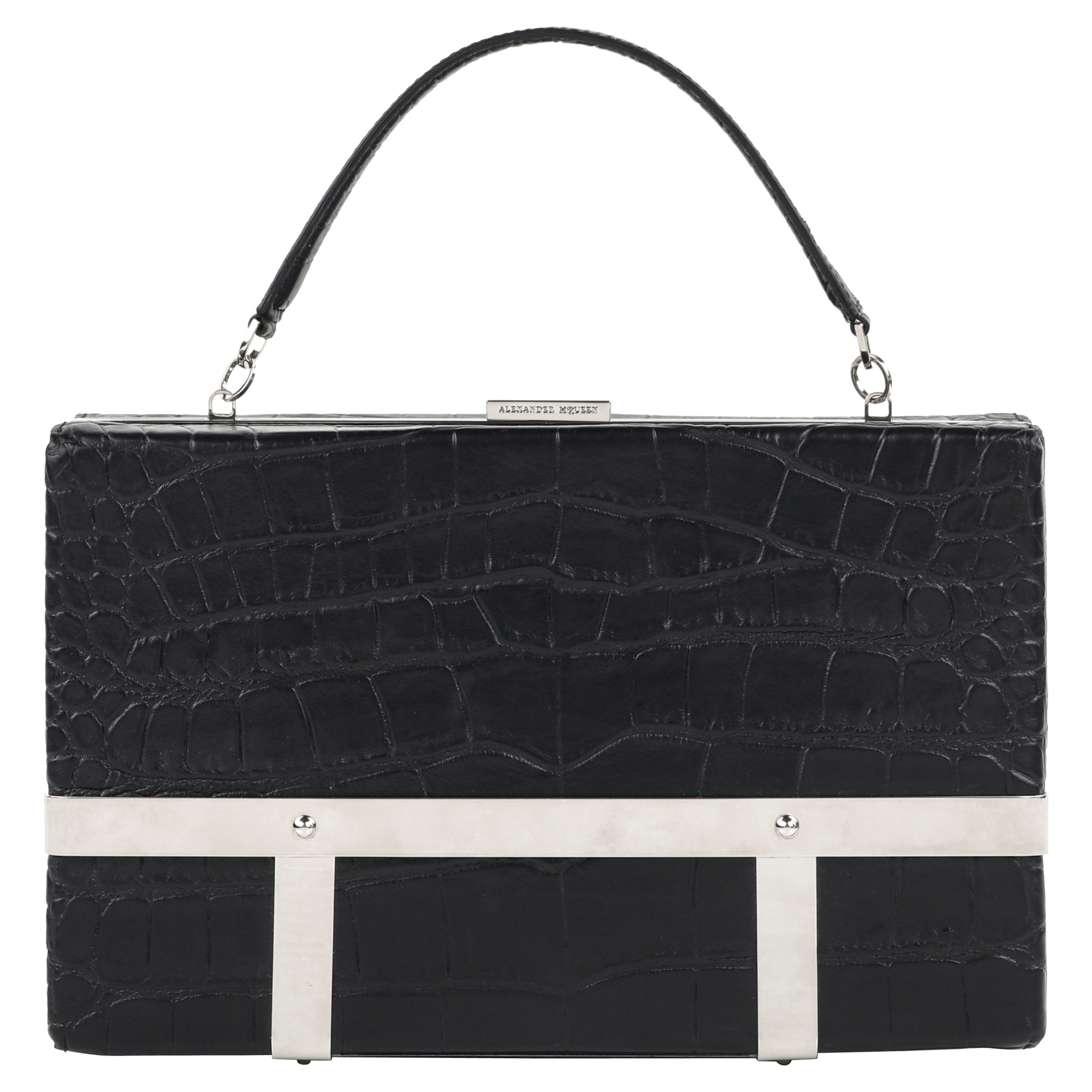 ALEXANDER McQUEEN Pre-Fall 2015 Croc Embossed Leather Metal Cage Box Handbag For Sale