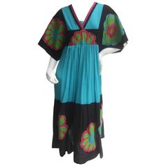 Vintage Exotic Cotton Applique Flower Festival Gown 
