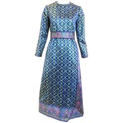 1970s Oscar De La Renta blue metallic brocade  70s vintage dress