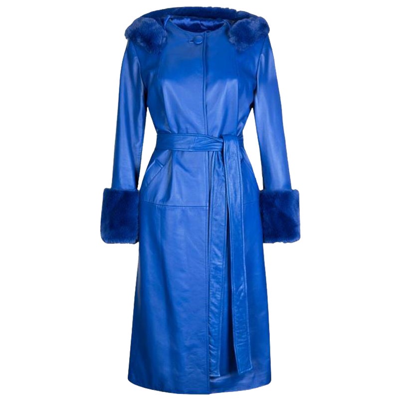Verheyen London Aurora Leather Trench Coat in Blue with Faux Fur, Size 12 For Sale