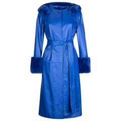 Used Verheyen London Aurora Leather Trench Coat in Blue with Faux Fur, Size 12