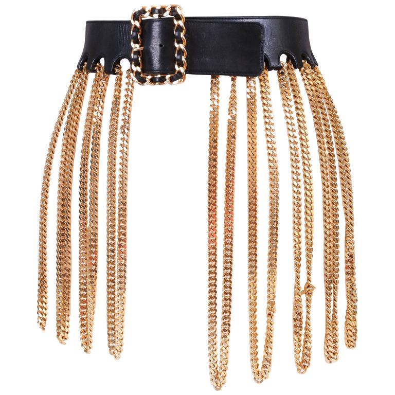 CHANEL  ICONIC LEATHER AND GOLD-TONE CHAIN BELT