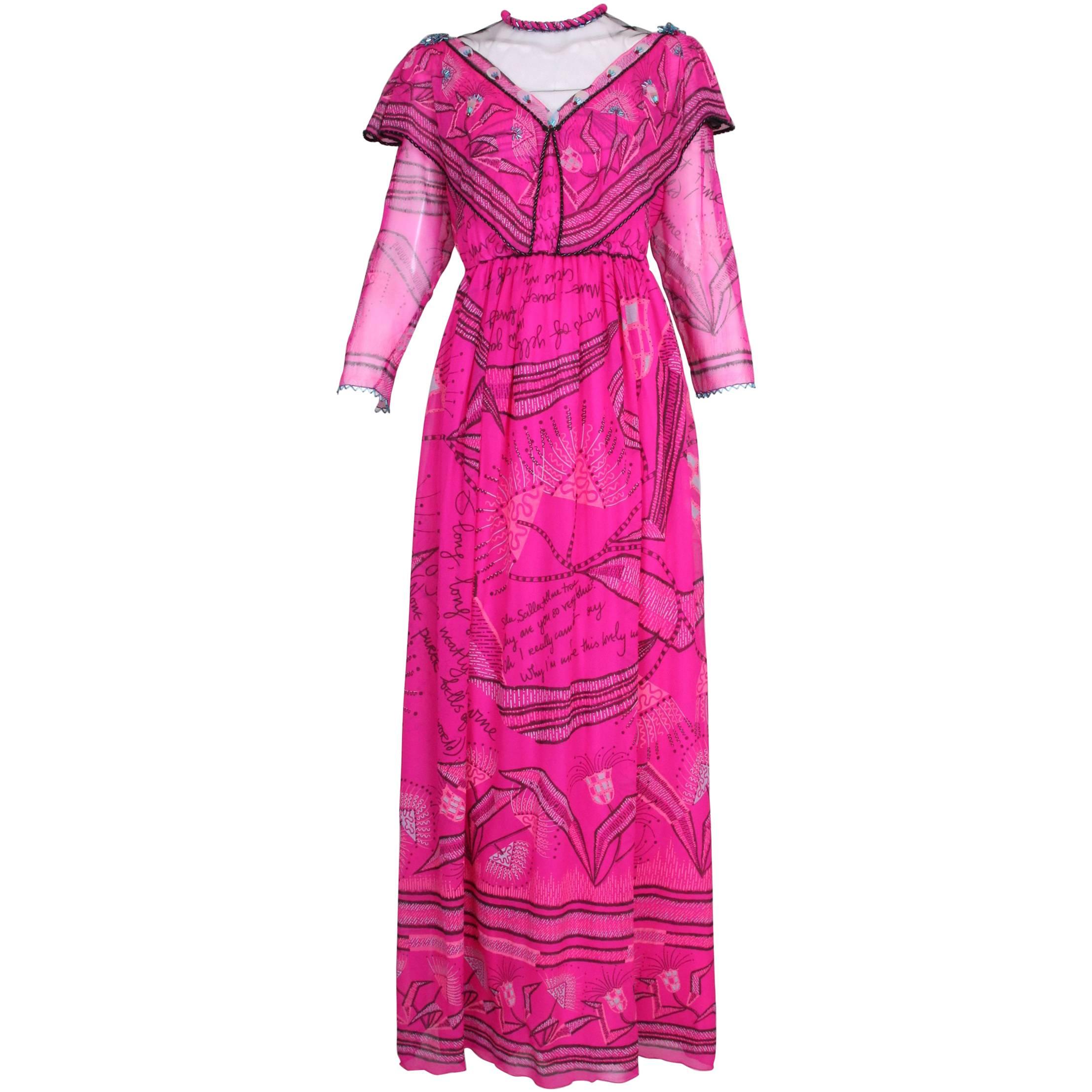 Zandra Rhodes Fuchsia Printed & Beaded Chiffon Dress w/Illusion Top