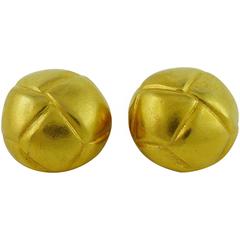 Hermes Paris Vintage Gold Toned Quilted Button Clip-On Earrings
