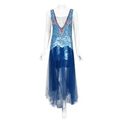 Vintage 1920's Couture Royal Blue Sequin Beaded Sheer Tulle Mermaid Flapper Gown