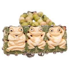 A.Jeschel Olive Jade carved frog clasp bracelet .