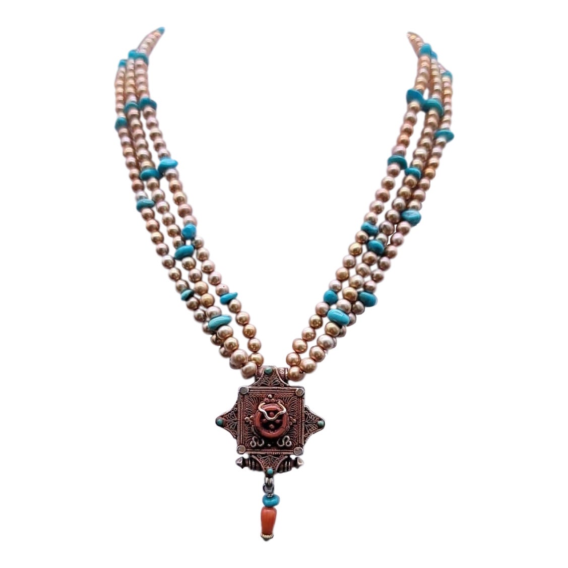 A.Jeschel  Stunning Freswater pearl necklace with a Vintage Tibetan pendant . For Sale