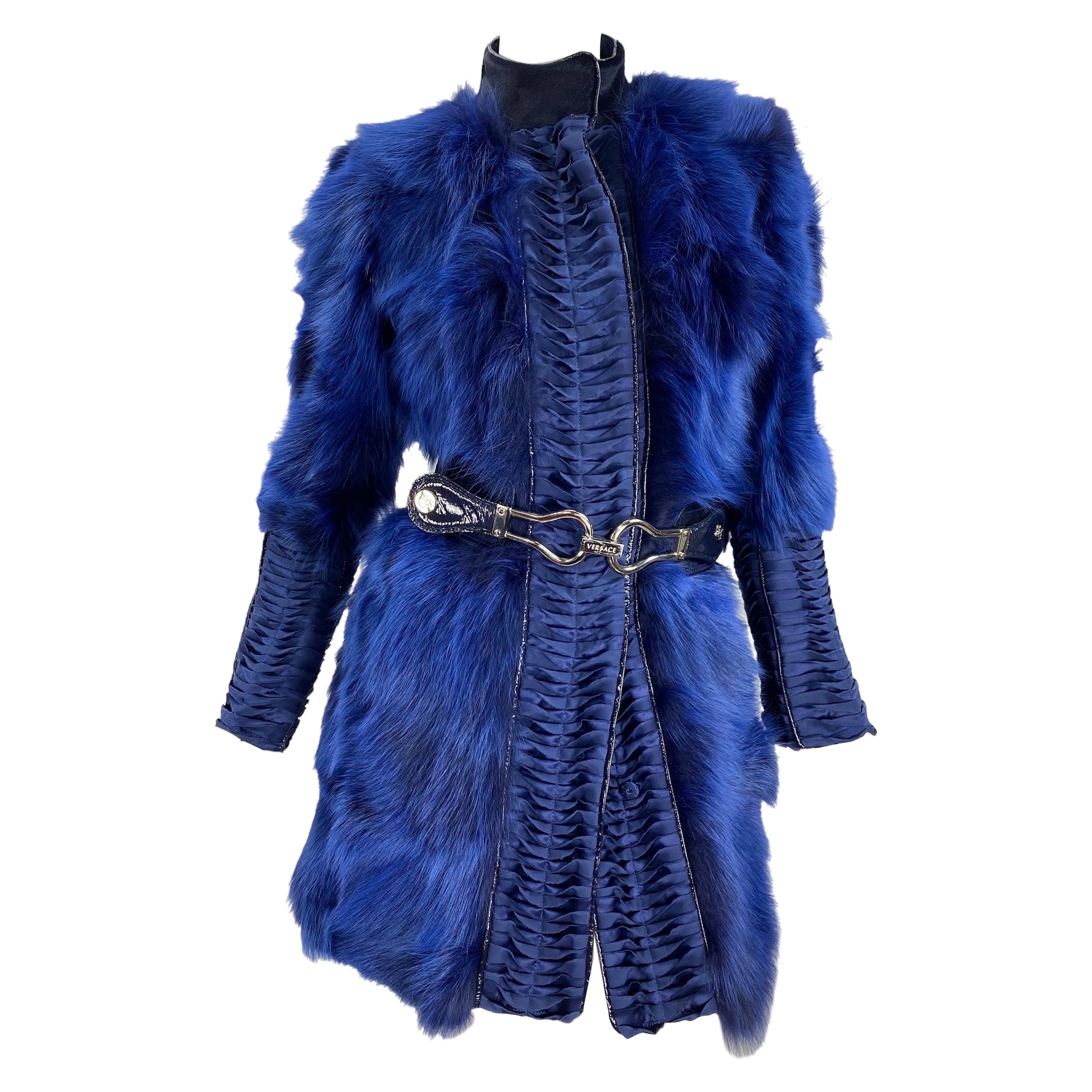 Versace Runway Blue Fox Fur Silk Coat Jacket with Belt Italian 40