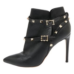 Valentino Black Leather Rockstud Pointed Toe Ankle Boots Size 39