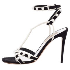 Valentino Black/White Suede and Leather Rockstud Ankle-Strap Sandals Size 37