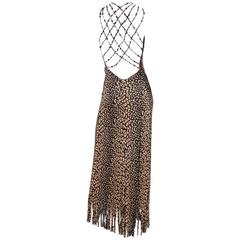 Retro 1970's Loris Azzaro Leopard-Printed Jersey Gown with Beaded Lattice Back