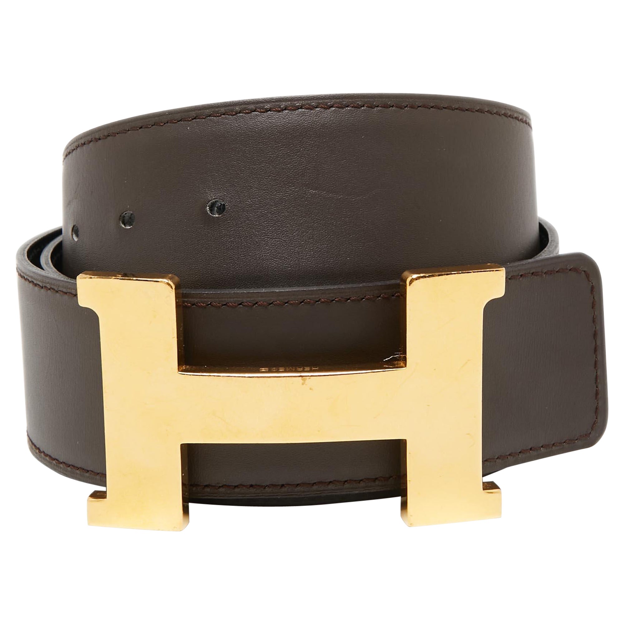 Hermes Black/Chocolat Chamonix and Swift Leather Constance Reversible Belt 75CM