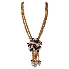 Retro CHANEL GRIPOIX Camellia Flower Tassel Pearls Multi Layer Chain Necklace
