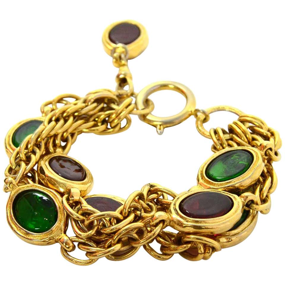 Chanel Red and Green Gripoix Goldtone Multi-Strand Bracelet at 1stDibs