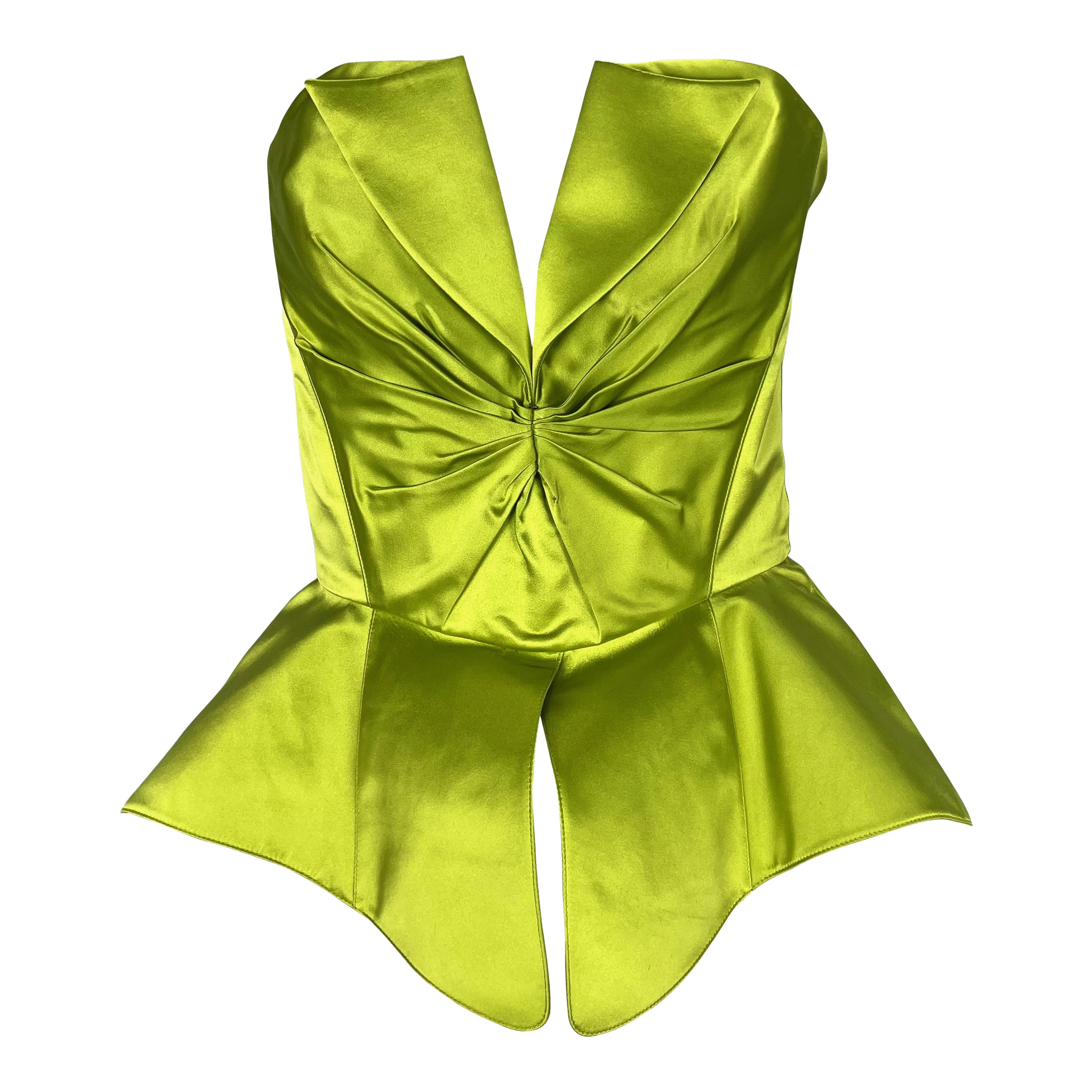 1995 Thierry Mugler Chartreuse Green Satin Sculptural Lace-Up Bustier Crop Top For Sale