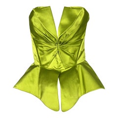 1990s Thierry Mugler Chartreuse Green Satin Sculptural Lace-Up Bustier Crop Top