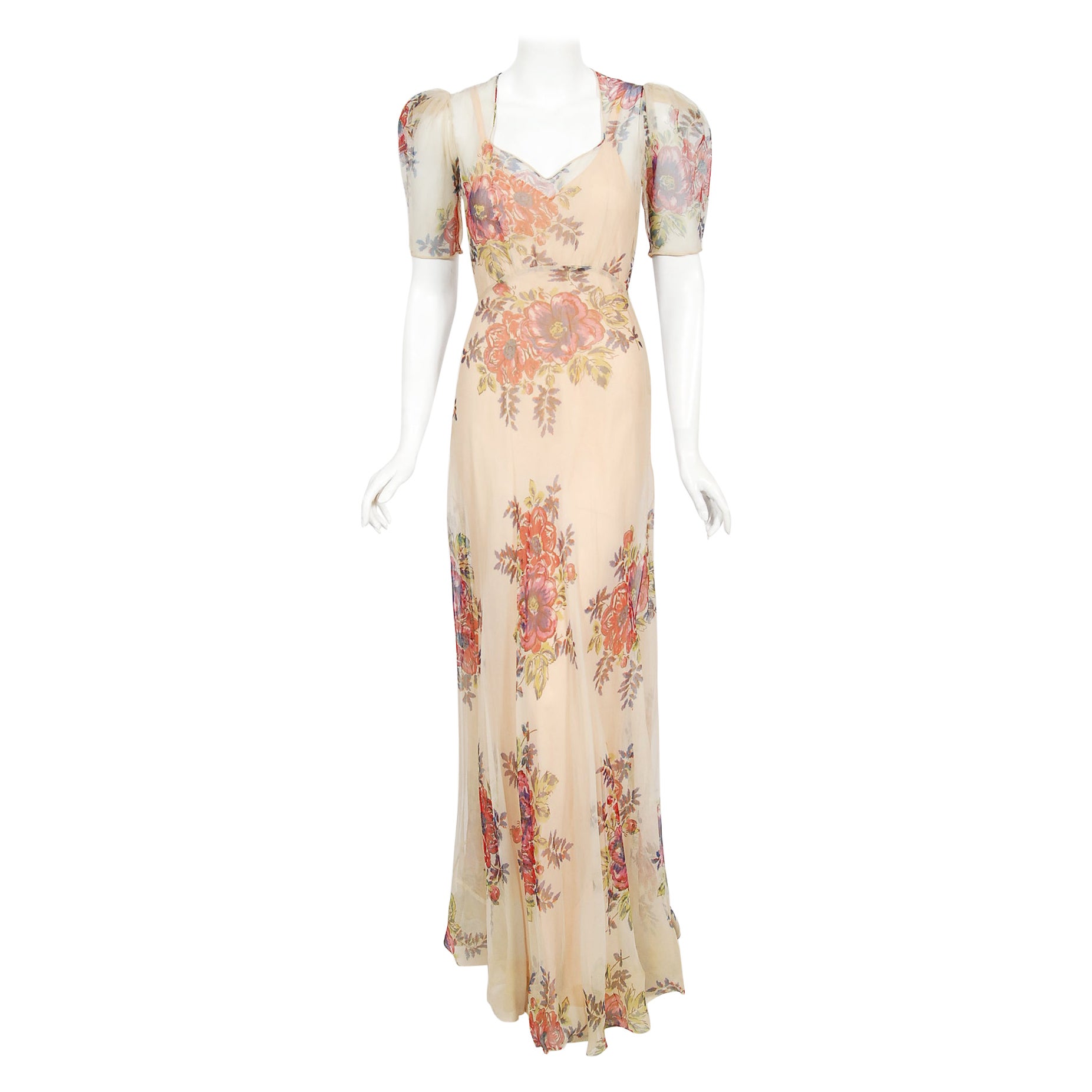 Vintage 1930's Large-Scale Floral Print Nude Silk Puff Sleeve Bias-Cut Gown