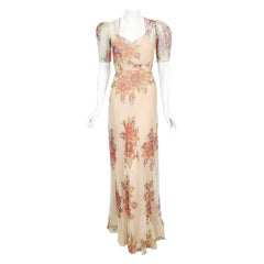 Vintage 1930's Large-Scale Floral Print Nude Silk Puff Sleeve Bias-Cut Gown