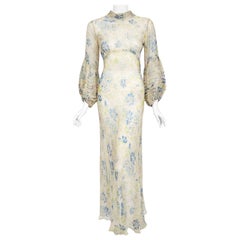 Vintage 1930's Sheer Floral Print Chiffon Pintuck Billow-Sleeve Bias Cut Gown