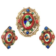 Hattie Carnegie Enamel, Rhinestone & Glass Pin/ Pendant & Earrings 12