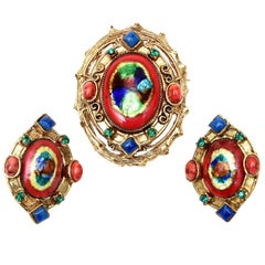 Hattie Carnegie Enamel Rhinestone Glass Pin Or Pendant & Earrings Set Vintage