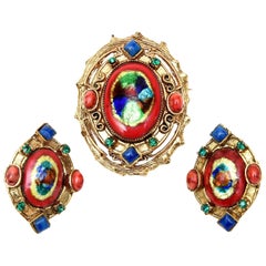 Hattie Carnegie Vintage Emaille Strass Glas Pin Or Anhänger & Ohrringe Set