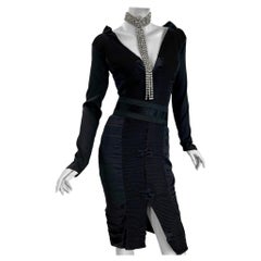 Gucci by Tom Ford F/W 2004 AD Runway Silk Black Plisse Cocktail Belted Dress 40