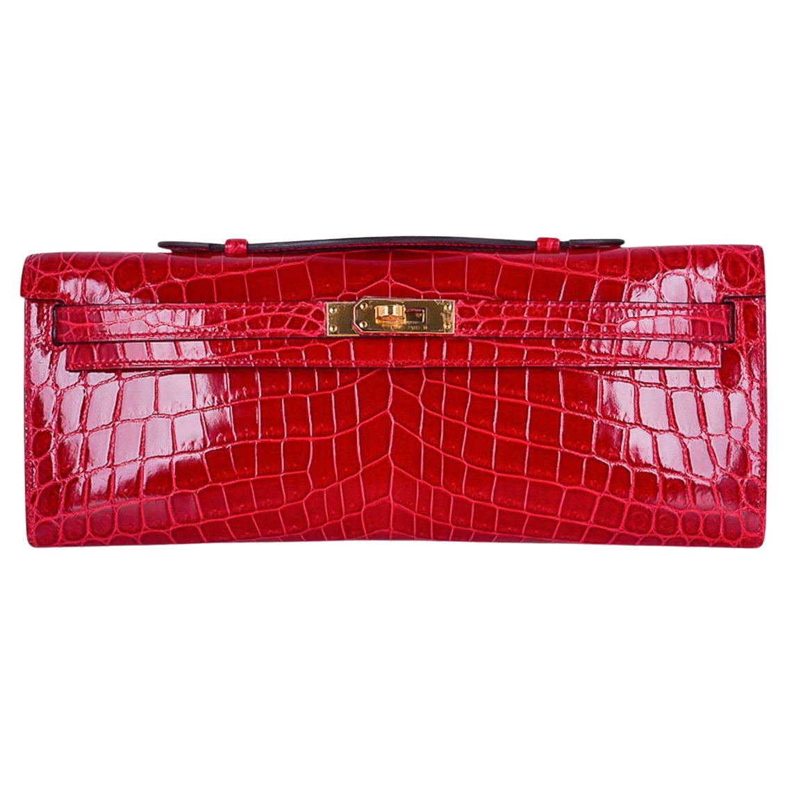 Hermes Kelly Cut Braise Crocodile Clutch Bag Gold Hardware For Sale