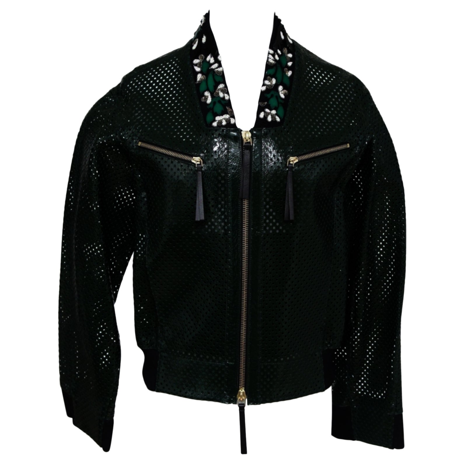 MARNI Green Patent Leather Jacket Perforated Emerald Bomber Coat Floral Sz 38 BN For Sale