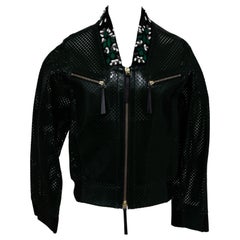 MARNI Leather Jacket Green Patent Perforated Emerald Bomber Coat Floral Sz 38 BN