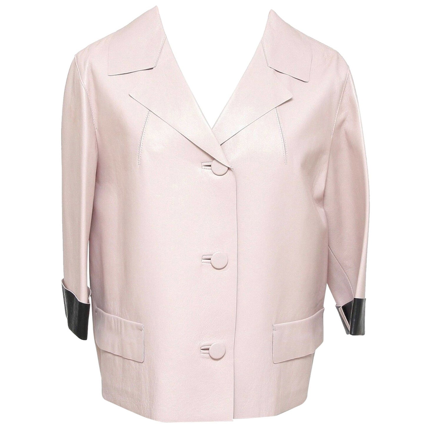 MARNI Jacket Leather Coat Blush Pink Black 3/4 Sleeve Pocket Sz 44 Summer 2014 For Sale
