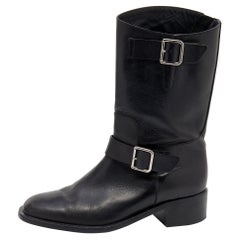 Chanel Black Leather Double Buckle CC Ankle Length Boots Size 39