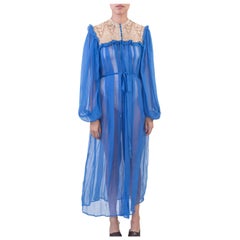1940S Ocean Blues Silk Chiffon & Lace Robe