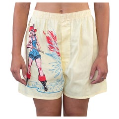 Vintage 1950S Yellow Cotton Mens Pin-Up Girl Firefighter “Too Hot To Handle” Boxer Shor