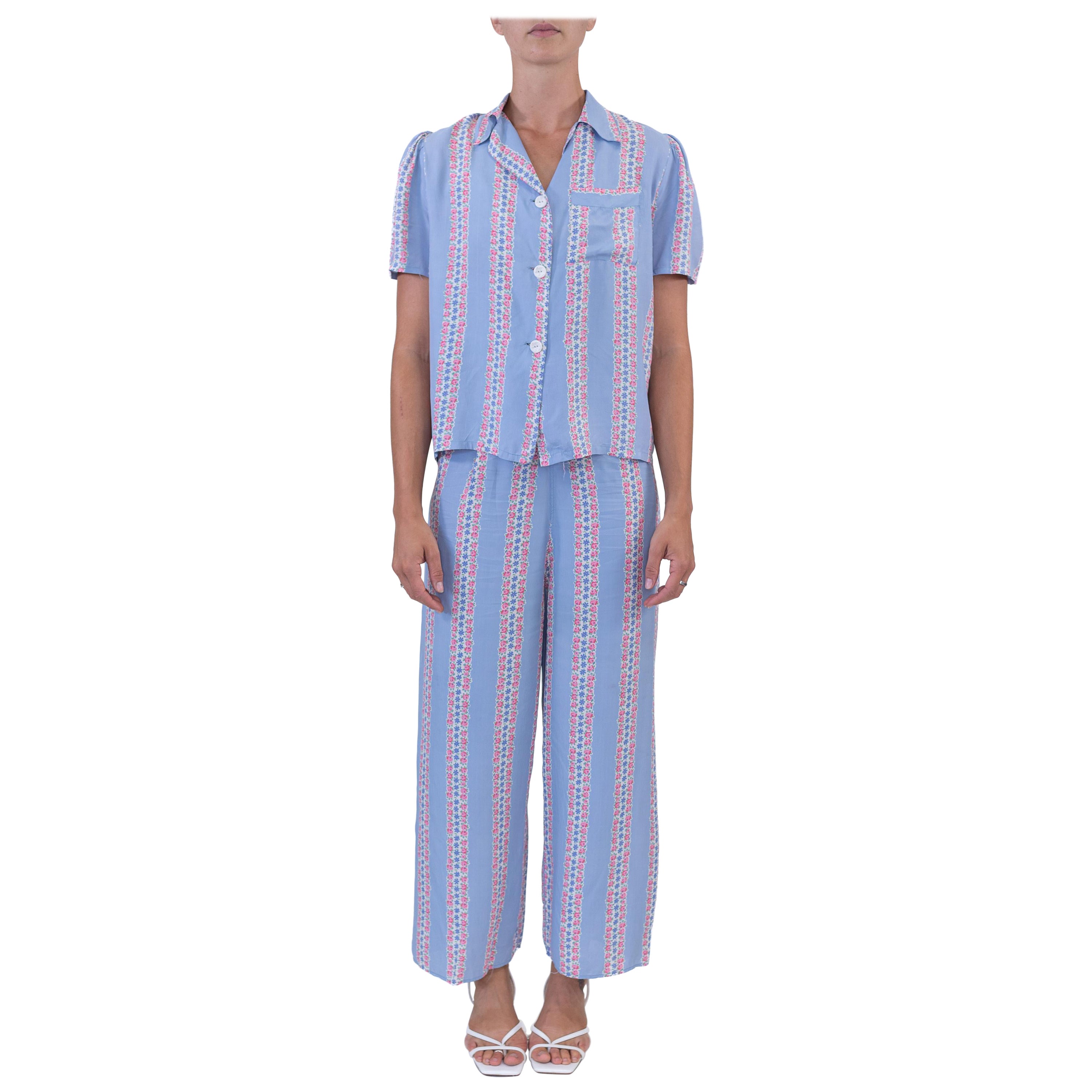 1940S SLUMBERJAM Blue & Pink Rayon Striped Floral Print Top And Bottom Pajamas For Sale