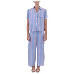 1940S SLUMBERJAM Blue & Pink Rayon Striped Floral Print Top And Bottom Pajamas