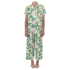 1940S CAROL BRENT Cream Cotton Bamboo & Fish Novelty Print Pajamas