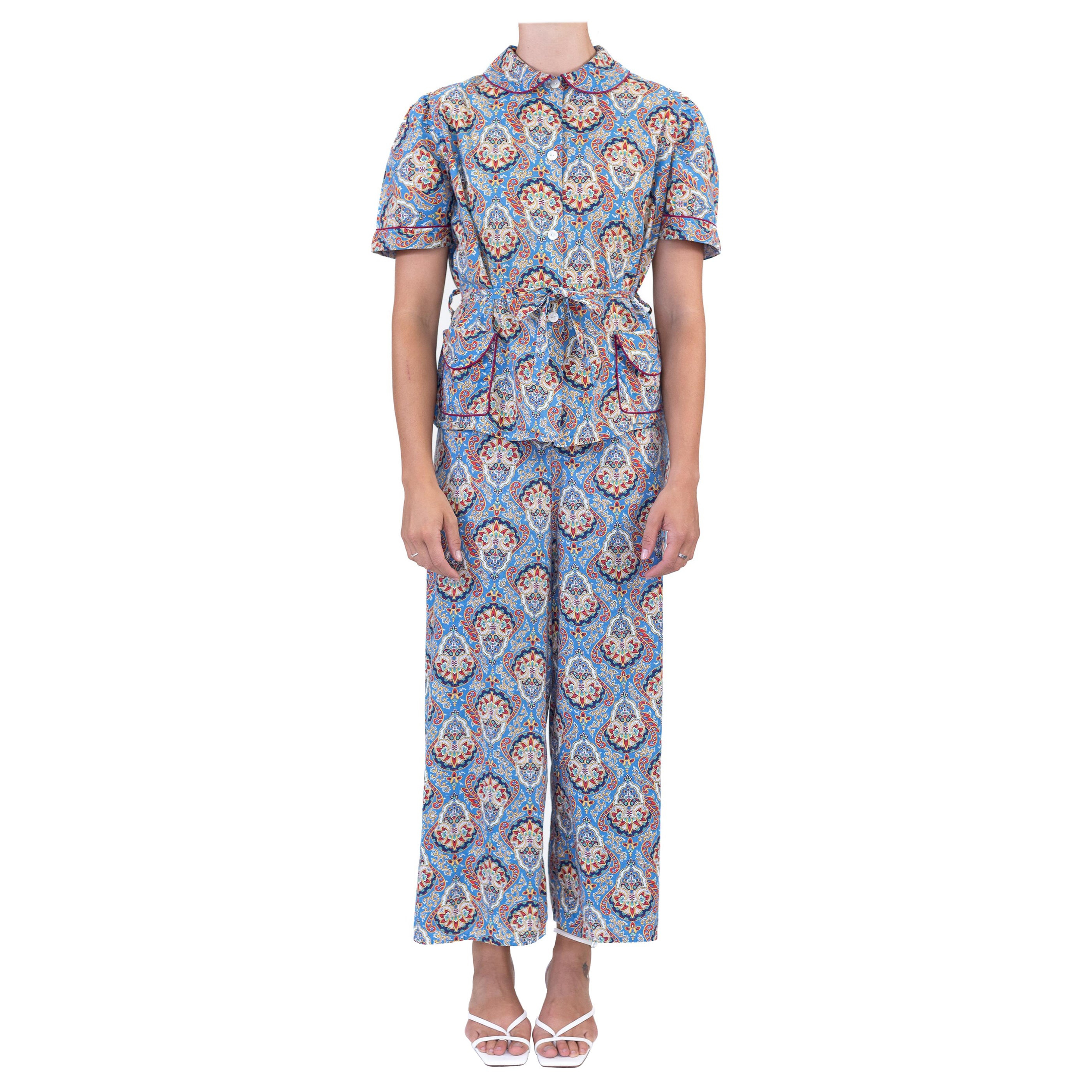 Pajamas en rayonne bleue à motif cachemire des années 1940 en vente