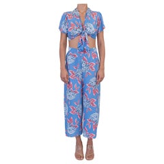 Blau & Rosa Cold Rayon Floral Crop Top Hose/ Pyjamas aus den 1940er Jahren