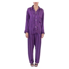 Vintage 1940S TEXTRON Purple Cold Rayon Satin Striped Pajamas