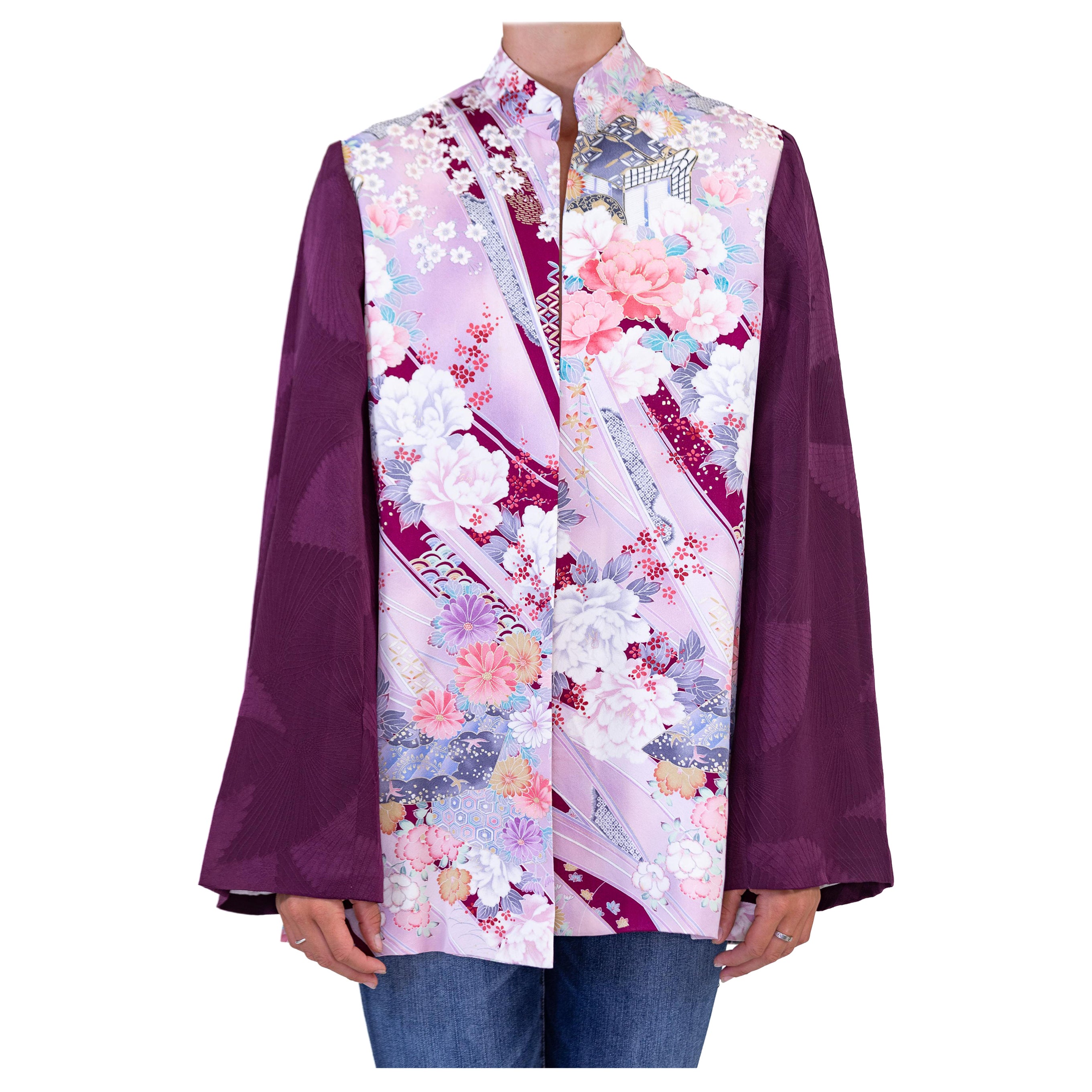 Morphew Collection Purple Floral Japanese Kimono Silk Jacket With Solid Sleeves